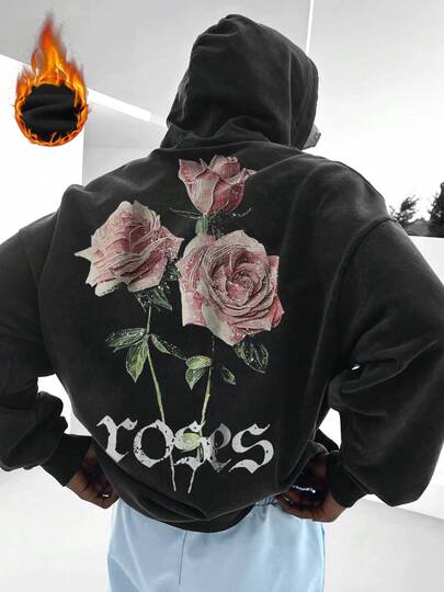  Zrgoth 男士复古玫瑰印花基础款连帽衫，黑色，秋冬款