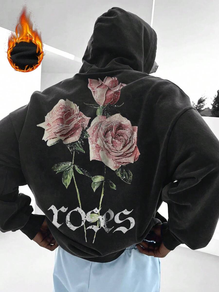Zrgoth 男士复古玫瑰印花基础款连帽衫,黑色,秋冬款 - 黑色 - 查看 1