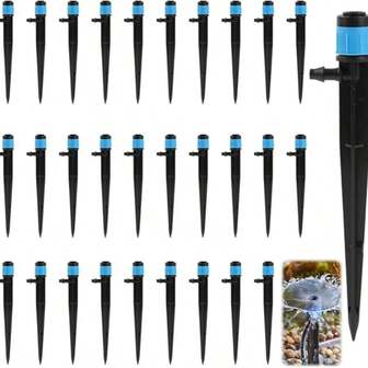 Drip Irrigation Emitters 1/4 Inch With 6-Inch Stakes - Adjustable 360° Vortex, Push-To-Connect For Garden Greenhouse Micro Irrigation