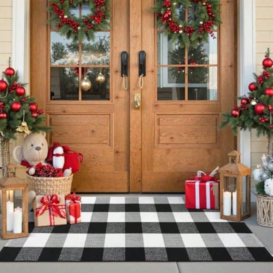 LAN-Buffalo Plaid Outdoor Checkered Rug 24x51 Christmas Door Mat Outside Entrance Black And White Washable Farmhouse Layered Doormat For Front Door Porch Kitchen Entryway Christmas DecorS138 - Blackwhite - View 1