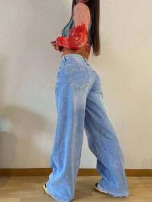 Jeans rectos de pierna recta con bolsillo, jeans casuales de corte holgado para mujer, jeans lavados con agujeros de ajuste regular para mujer, uso casual diario de verano - Azul - Ver 6