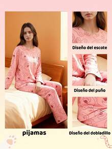 COTOLO Conjunto de Pijama para Mujer con Estampado de Oso Animado Manga Larga Pantalón Largo y Robe Color Rosa Estilo Dulce y Adorable para Hogar, pijamas mujeres,pijamas navideñas familiar,pijamas,pijamas navideñas - Osito Rosa Cariño - Ver 8