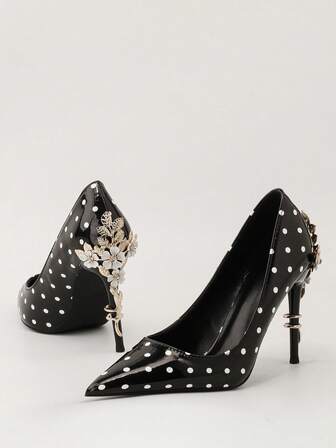 Elegant Women's Pointed Toe High Heel Pumps, Sexy Metallic Floral Stilettos, Fashion Luxury Bridal Wedding Shoes