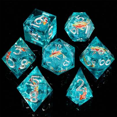 7pcs Sharp Edge Multi-Sided Dice Set, Koi Fish Liquid Resin Dice For RPG D20 D&D Game