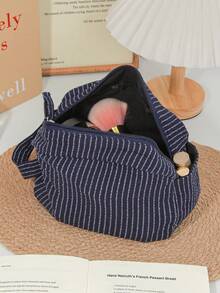 Bolsa de maquillaje de gran capacidad con estilo clásico de rayas, cierre de cremallera de color oscuro, organizador de productos de cuidado de la piel, esencial de viaje para vacaciones, organizador de maquillaje, bolsa de viaje para mujeres - Azul Marino - Ver 1