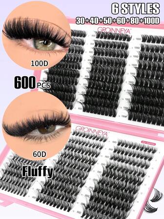 600 pestañas esponjosas y voluminosas, longitud mixta de 30D-100D/8-16mm, pestañas individuales de imitación de visón, rizadas y reutilizables, pestañas postizas segmentadas, naturales y ligeras, adecuadas para fiestas y maquillaje diario