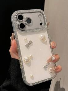 奢华3D珍珠蝴蝶结亮片水钻贝壳图案手机壳，兼容 17 Pro Max 17 Pro 17 Air 17 16 15 14 13 12 Pro Max 11，时尚闪亮后盖 - 白閃粉 - 查看 3