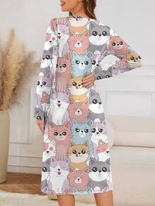 可爱猫咪印花女士睡衣，休闲长袖针织女士睡袍连衣裙，圆领长裙女士睡衣家居服，春秋冬 - 彩色 - 查看 2