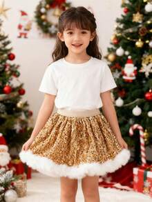 Young Girl' Sequin Plush Patchwork Fluffy Tutu Skirt, Autumn/Winter - الذهبي - مشاهدة 2