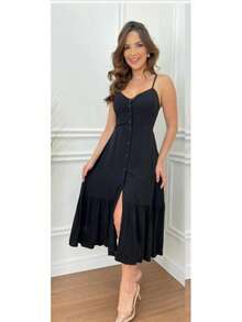 Maria Flor Midi Dress With Thin Straps, Padded Cups, Buttons, And Front Slit. - 黑色 - 查看 2