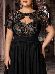 QOQ 优雅大码伴娘礼服 女士正式礼服 适合正式场合，婚礼宾客纯色拼接蕾丝短袖婚纱，情人节适用 - 黑色 - 查看 6