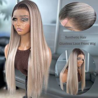 Blonde Ombre 13x6 Synthetic Lace Front Wigs For Women 22 Inch Long Straight Glueless Kanekalon Hair Resistant Synthetic Hair Wigs Free Part 150% Density HD Transparent Wear And Go Wigs Heat Resistant Fiber Wigs For Women Daily Party Vacation Holiday Use
