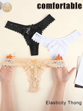 3 st. damtrånga spetstrosor med blommig spetstrosa och rosett, stringtrosor med hög elasticitet och bekväma stringtrosor, låg midja, trosor för kvinnor