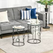HOMCOM Round Coffee Table Set Of 2, Nesting Side End Tables With Tempered Glass Top And Steel Frame For Living Room, Black - Black - View 1