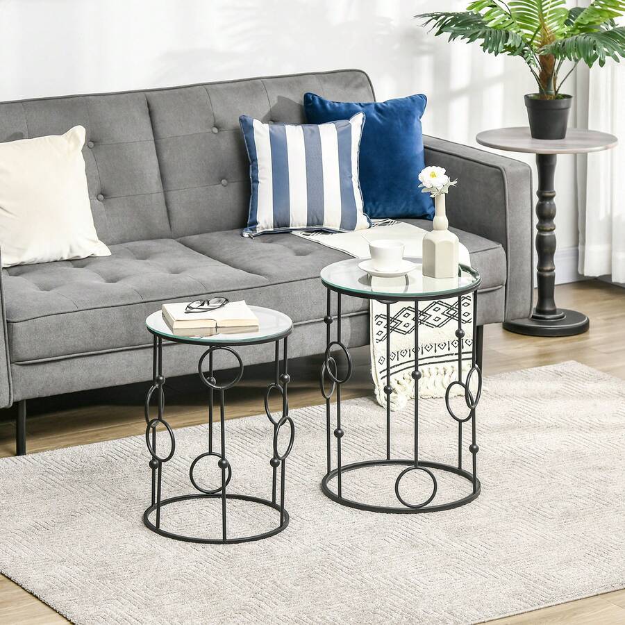 HOMCOM Round Coffee Table Set Of 2, Nesting Side End Tables With Tempered Glass Top And Steel Frame For Living Room, Black - Black - View 1