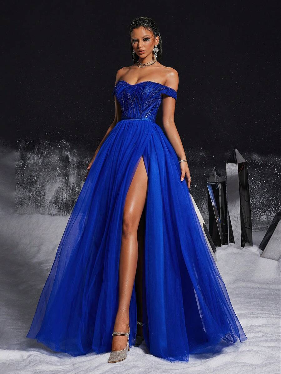 VIPGIRL 女士手工刺绣正式礼服，性感优雅的露肩礼服 - 寶藍色 - 查看 1