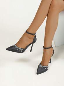 Women's Elegant Black Satin High Heels With Ankle Strap, Pointed Toe, Rhinestone Tassel Decor - Black - View 2