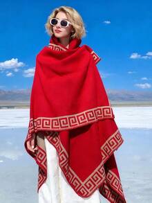 1 pièce Écharpe à capuche vintage imprimée de motifs géométriques et de couleur unie - Multicolore - Voir 2