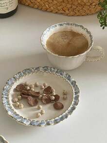 1 Juego de Taza y Platillo de Estilo Retro Azul Humo Transformado en Horno - Tazas de Cerámica Elegantes, Aptas para Café, Té y Latte | Encantadora Vajilla Retro, Taza de Café y Platillo de Alto Valor, Adecuado para Uso Doméstico y de Cafetería