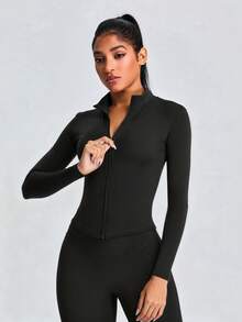 女士时尚性感修身纯色瑜伽外套，日常健身锻炼跑步速干瑜伽运动服健身外套 - 黑色 - 查看 7