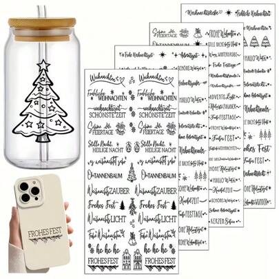 4 Sheets Christmas Happy Quotes Theme Pattern UV DTF Transfer Stickers, Suitable For Crafts, Journals, Glass Jar Decorations, Coffee Cup Packaging, Bottle Vases, Laptop Phone Cases, Greeting Cards, Scrapbooking, Christmas Party Home Decorations