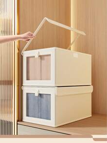 1 pieza Caja de almacenamiento de tela plegable con tapa: rectangular, multiusos, organizador de armario para ropa, suministros de oficina y talla grande, baúles de almacenamiento para organización del hogar - Beis - Ver 4