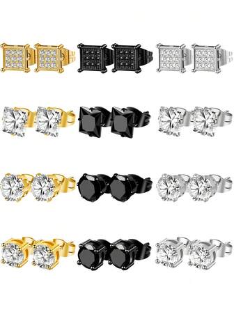 12/3不锈钢男士耳钉，低过敏性男女通用耳环，镶嵌方形锆石男士耳环，女士耳环套装