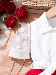 فستان قميص بأكمام قصيرة للبنات المراهقات، بتصميم زهري ومرقع من الشبك مع ربطة عقدة على الخصر، مناسب للربيع والصيف - الأحمر - مشاهدة 4