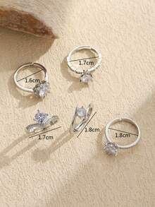 Bộ 5 chiếc/Bộ chất liệu đồng, nhẫn kim cương Moissanite hình vương miện công chúa thanh lịch, thiết kế 6 chấu hình rắn, đơn giản, sang trọng, đa năng, thích hợp cho tiệc tùng, đám cưới, đeo hàng ngày, lễ hội của phụ nữ - Bộ nhẫn - Xem 10