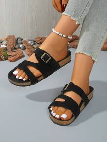 女士平底凉鞋，女士平底拖鞋，休闲鞋，软木拖鞋，可调节搭扣沙滩度假拖鞋 - 黑色 - 查看 6