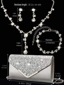 Women's Diamond Jewelry Sparkling Luxury Rhinestone Jewelry Set Sparkling Necklace Earrings Bracelet Set Silver Sparkling Glitter V-Shaped Metal Flip Envelope Bag Fashion Banquet Bag Handbag Wallet Handbag Elegant Handbag Banquet Bag Handbag Women's Ball Handbag Women's Bridal Banquet Bag Ball Handbag Metal Chain Handbag Wedding Party Handbag Cocktail Party Wedding New Wallet Banquet Bag - Silver - View 9