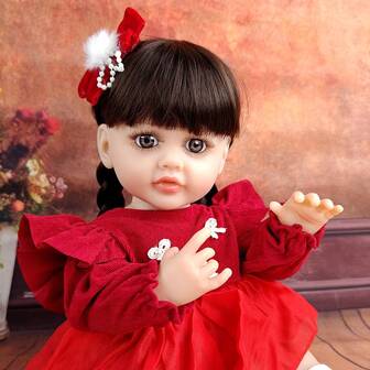 55 cm långt hår söt simuleringsleksak 22 tums röd klänning reborn docka helt vinylleksaker lekhus med tonårsdockor passar till jul, Thanksgiving, nyårsdagen