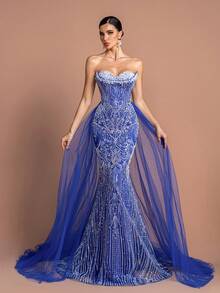 Elegant Women's Strapless Long Party Dress, Adorned With Delicate Pearl And Contrast Mesh Details - 寶藍色 - 查看 5