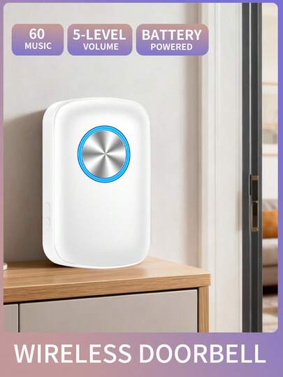 1 Set 3*AAA Battery Operated Wireless Doorbell, 60 Melodies 5 Volume Levels, Long Range Wireless Doorbell Chime For Home, Living Room, Garden, Bedroom, USB Powered