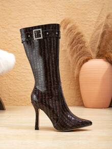 女士新款时尚中筒靴，秋冬季百搭，水钻方扣尖头细高跟棕色礼服靴，适合万圣节、圣诞节、感恩节、新年等场合。 - 巧克力棕 - 查看 7