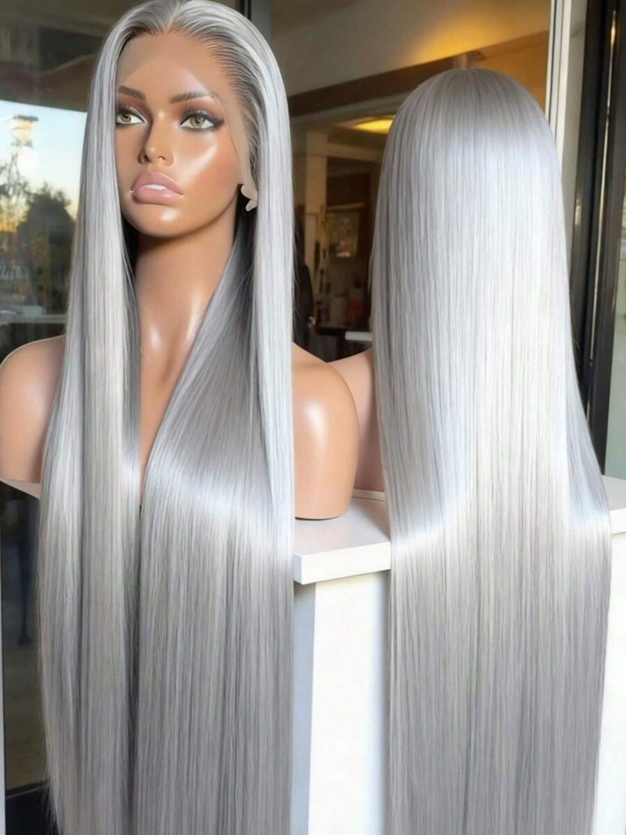 Silver Grey Straight Lace Front Wigs Human Hair For Women 250 Density Wig Human Hair Brazilian Virgin 13x4 HD Transparent Silky Straight Lace Front Wigs Human Hair Glueless Wigs Pre Plucked Bleached Knots - 灰色 - 查看 1