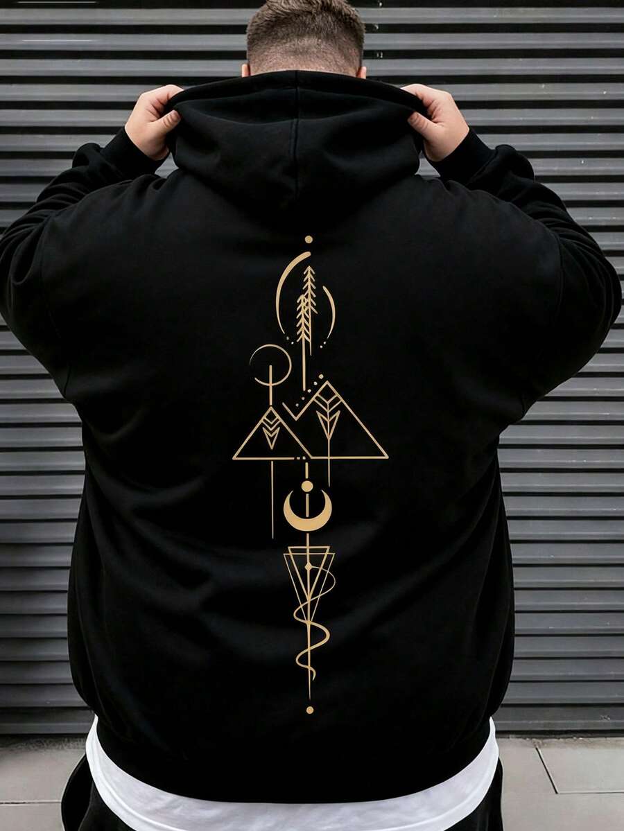 Plus Size Men's Casual Letter & Figure Printed Long Sleeve Hoodie Sweatshirt, Autumn & Winter - Black - View 1