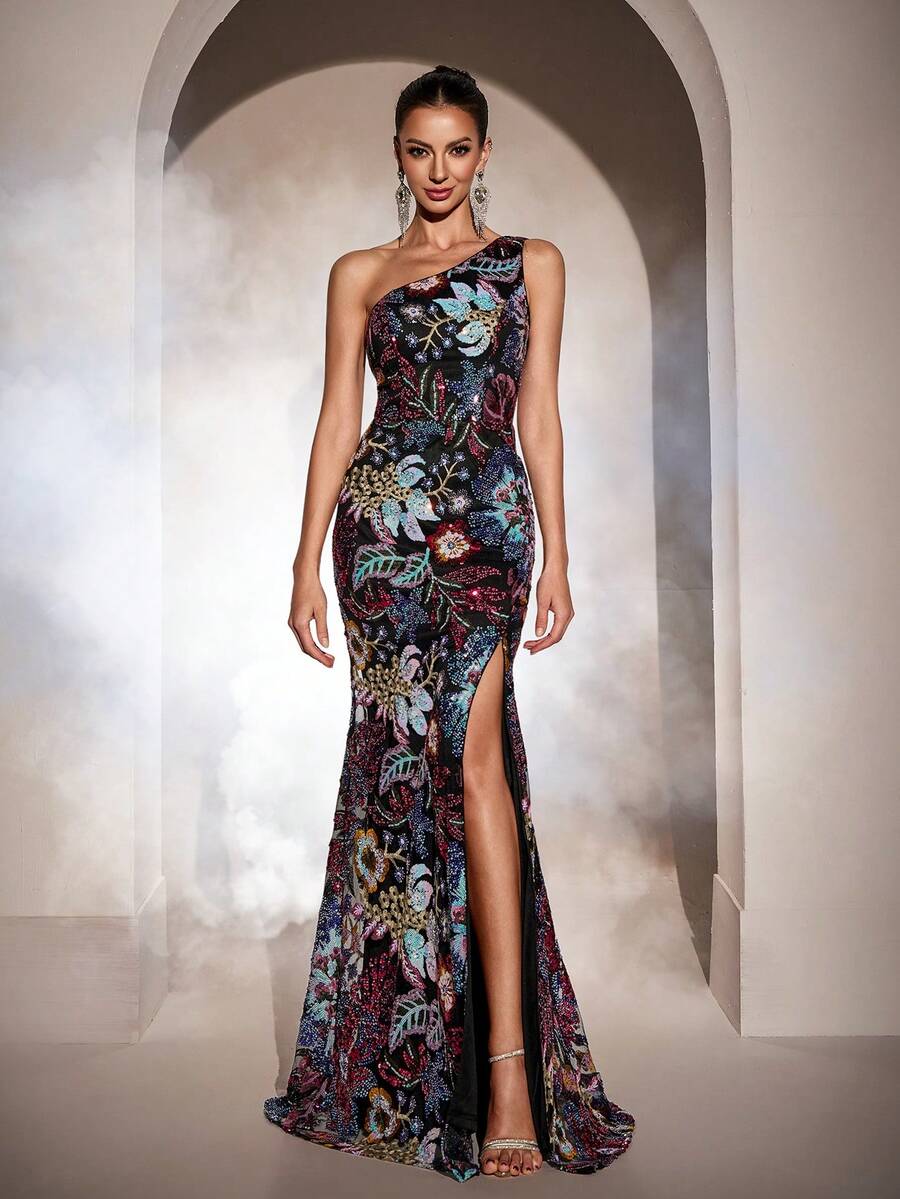 High-Quality Elegant Embroidered Beaded One Shoulder Fitted Dress For Women - Multicolor - View 1