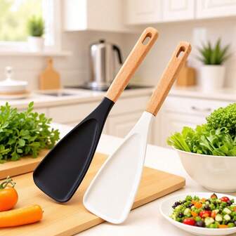 1pc Non-Stick Cooking Spoon, Ideal For Cooking And Serving, Sturdy Matte Silicone With Wooden Handle For Mixing, Scooping And Scraping (Black And Gray, 12.3 Inches)