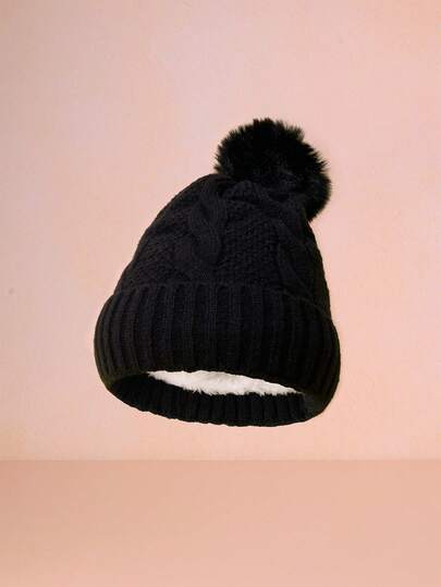 Hatastic Women Warm Knitted Hat With Large Fur Pom Pom, Solid Color, Versatile, Thick Lining, Suitable For Outdoor Cycling, Fashion Personalized, Casual Elegant Retro Street Style, Polyester, Autumn Winter Gifts