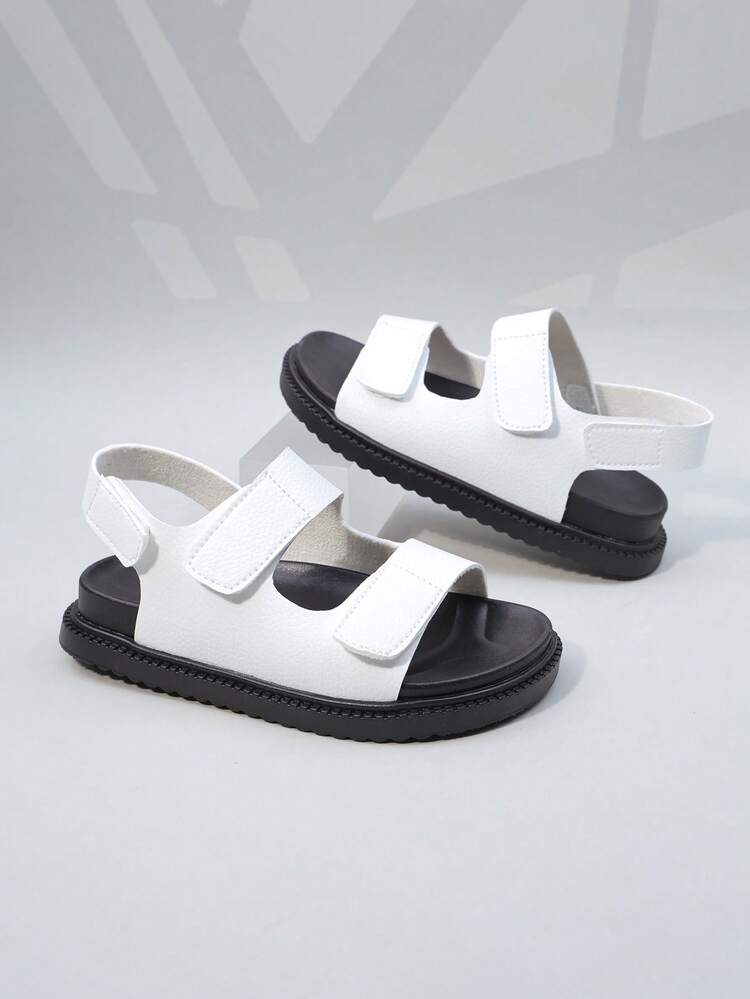 1双儿童黑白撞色魔术贴凉鞋，PU皮革，露趾中帮，平底，休闲百搭款式，夏季沙滩/街头鞋 - 白色 - 查看 6