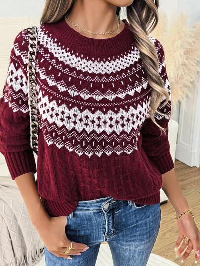 Vintage Jacquard Christmas & New Year Red Fair Isle Pullover Sweater For Women