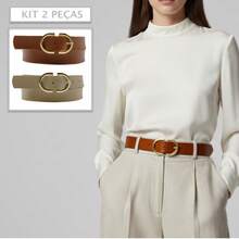 Kit 2 Women's Belt 2D Double Inverted Round Buckle Current Fashion Winter Summer 96040K2 - 焦糖色和米色 - 查看 2