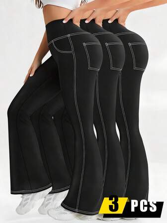3pcs - Women Plus Size Flared Pants, High Waist Elastic Skinny Yoga Leggings, Soft Comfortable Fashionable Casual Trousers, Autumn/Winter
