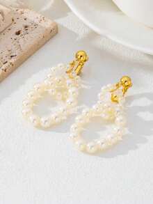 1 Pair French Luxury Romantic Acrylic Faux Pearl Linked Hoop Ear Clips, Suitable For Women's Daily, Party, Travel Wear - Pearl Ear Clips - View 4