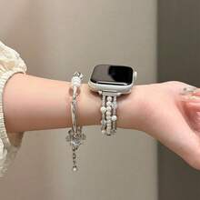 Band With French Inlaid Synthetic Zirconia Strap, Faux Pearl, Luxurious And High-End, Universal Watch Strap - Silver - View 2