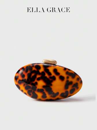 ELLA GRACE- Bolso de mano de noche de acrílico ámbar con estampado de carey, diseño de carcasa dura redondeada con correa de cadena metálica, bolso de fiesta elegante