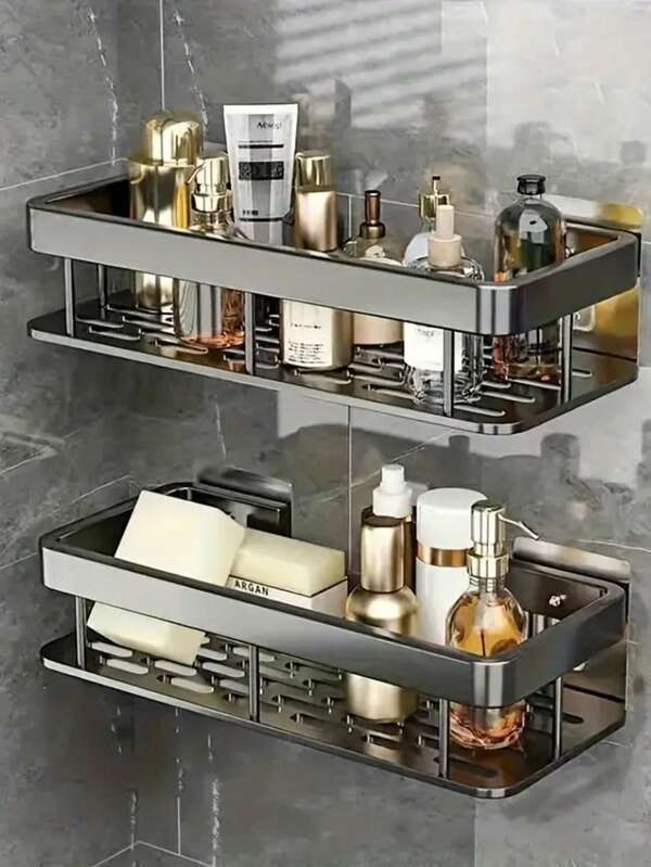 2pcs Wall-Mounted Bathroom Storage Rack, Shampoo & Conditioner Storage Rack, Kitchen Storage Rack, Rust-Proof Polished Surface, Lightweight, Drill-Free Installation, Suitable For Halloween & Christmas Decoration