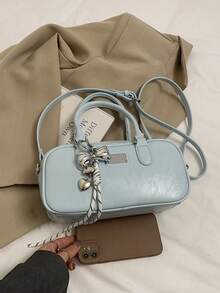 Women's Boston Tote Bag With Doll Charm, Textured Crossbody Handbag, Large Capacity Mama Bag, New Autumn/Winter Style, All-Season Commuter Tote - Baby Blue - View 7
