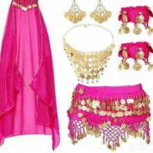 女士肚皮舞服装套装，包括肚皮舞臀巾、裹身配饰、硬币吊坠项链、耳环、手镯和万圣节肚皮舞服装 - 彩色 - 查看 11